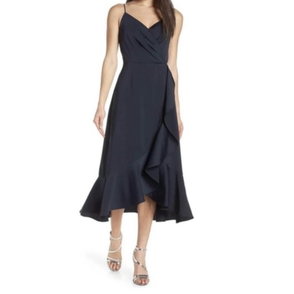 Chelsea28 Navy Spaghetti-Strap Ruffle Midi Dress